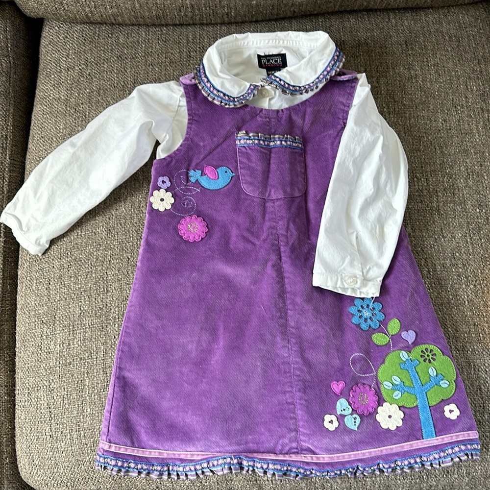The Children's Place Purple Velvet Velour Jumper Dress Set 2pc White Top 3T